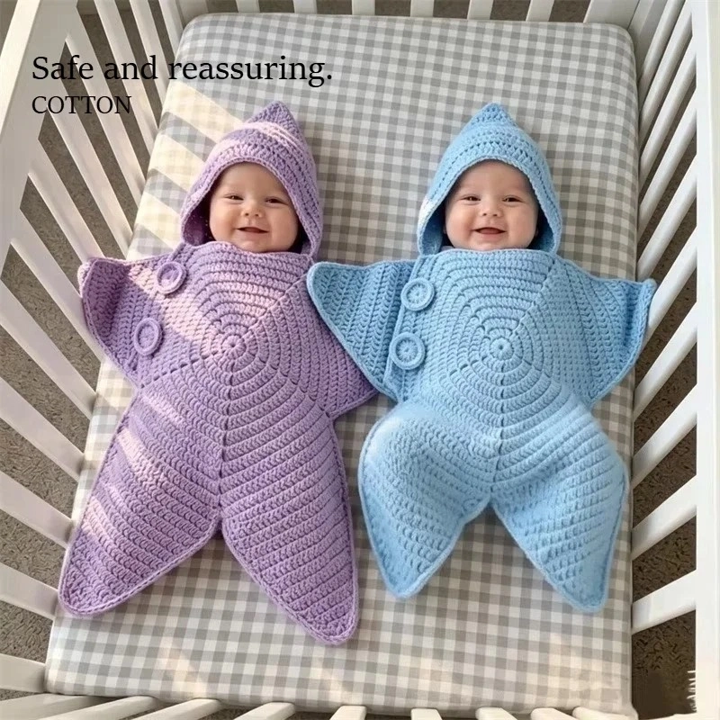 Starfish Baby Sleeping Bag - Hand Crocheted Cotton Hooded Swaddle Romper